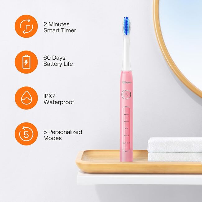 Periuta de dinti Electrica Sonic Premium Bitvae D-Sonic cu 8 Capete & 5 Moduri Inteligente, Tehnologie Ultrasonica pentru Albire si Igiena Desavarsita 40.000 Pulsuri/Minut, Autonomie Extinsa, Reincarcabila, Rezistenta la Apa IPX7 - roz