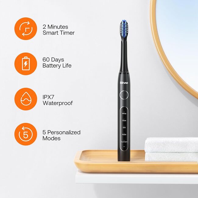 Periuta de dinti Electrica Sonic Premium Bitvae D-Sonic cu 8 Capete & 5 Moduri Inteligente, Tehnologie Ultrasonica pentru Albire si Igiena Desavarsita 40.000 Pulsuri/Minut, Autonomie Extinsa, Reincarcabila, Rezistenta la Apa IPX7 - negru