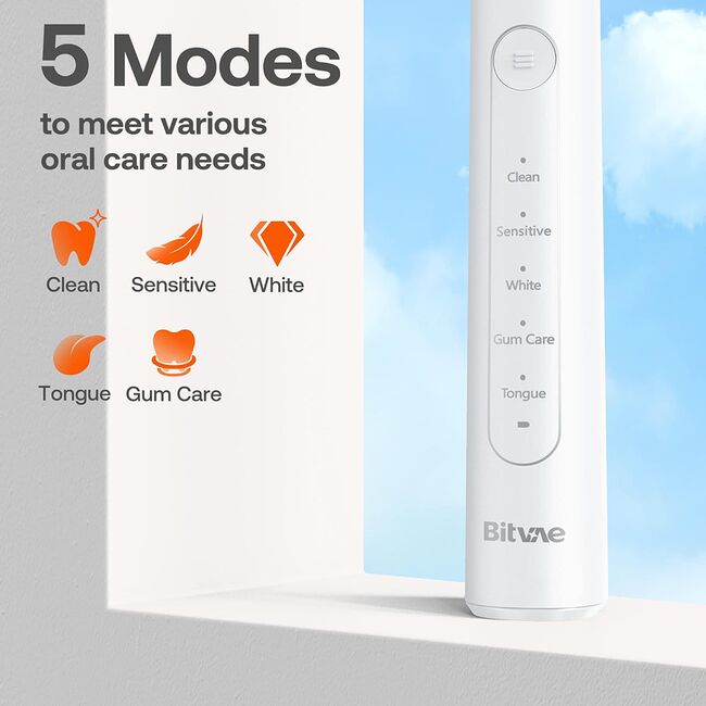 Periuta de dinti Electrica Rotativa Bitvae RS Power Clean – cu 8 Capete de inlocuire, Senzor Presiune, 5 Moduri, Smart Timer, Autonomie 30 Zile, Carcasa Inclusa, IPX7, acumulator reincarcabil - alb