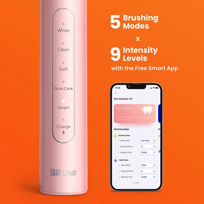 Periuta de dinti Electrica Bitvae S-Smart UltraSonic Power, Senzor Presiune, 9 Niveluri Intensitate, 8 Rezerve, 5 Moduri, Autonomie 100 Zile, acumulator reincarcabil, IPX7, Smart App - roz