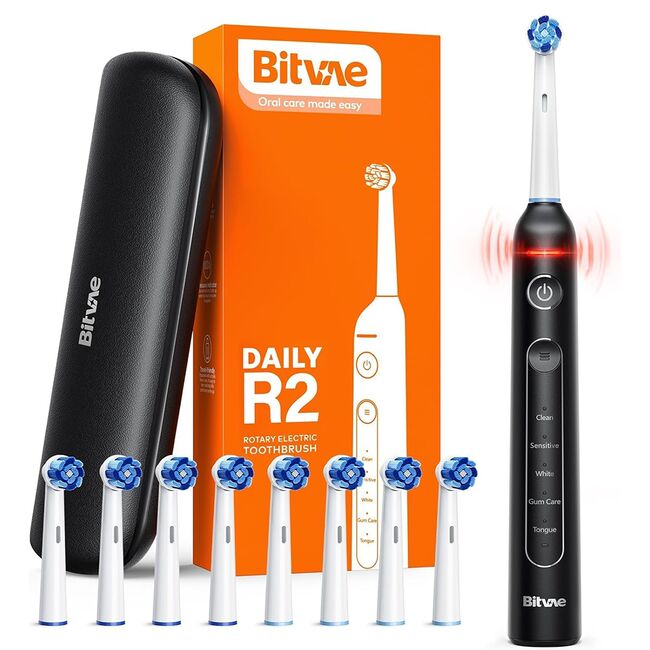 Periuta de dinti Electrica Rotativa Bitvae RS Power Clean – cu 8 Capete de inlocuire, Senzor Presiune, 5 Moduri, Smart Timer, Autonomie 30 Zile, Carcasa Inclusa, IPX7, acumulator reincarcabil - negru
