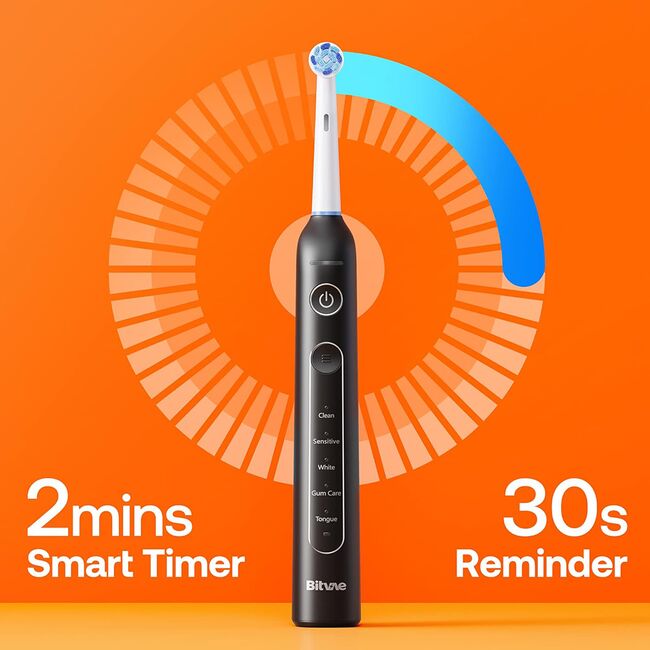 Periuta de dinti Electrica Rotativa Bitvae RS Power Clean – cu 8 Capete de inlocuire, Senzor Presiune, 5 Moduri, Smart Timer, Autonomie 30 Zile, Carcasa Inclusa, IPX7, acumulator reincarcabil - negru