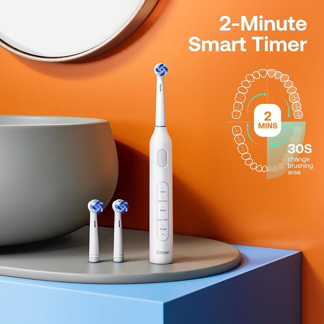 Periuta de dinti electrica rotativa Bitvae R-Sonic, 8 Capete de schimb, Smart Timer, 5 moduri, 40,000 pulsatii / min – Curatare profesionala, autonomie extinsa, IPX7, baterie reincarcabila USB, igiena orala completa - alb