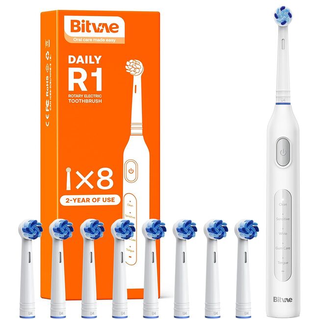 Periuta de dinti electrica rotativa Bitvae R-Sonic, 8 Capete de schimb, Smart Timer, 5 moduri, 40,000 pulsatii / min – Curatare profesionala, autonomie extinsa, IPX7, baterie reincarcabila USB, igiena orala completa - alb