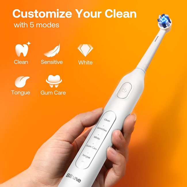 Periuta de dinti electrica rotativa Bitvae R-Sonic, 8 Capete de schimb, Smart Timer, 5 moduri, 40,000 pulsatii / min – Curatare profesionala, autonomie extinsa, IPX7, baterie reincarcabila USB, igiena orala completa - alb