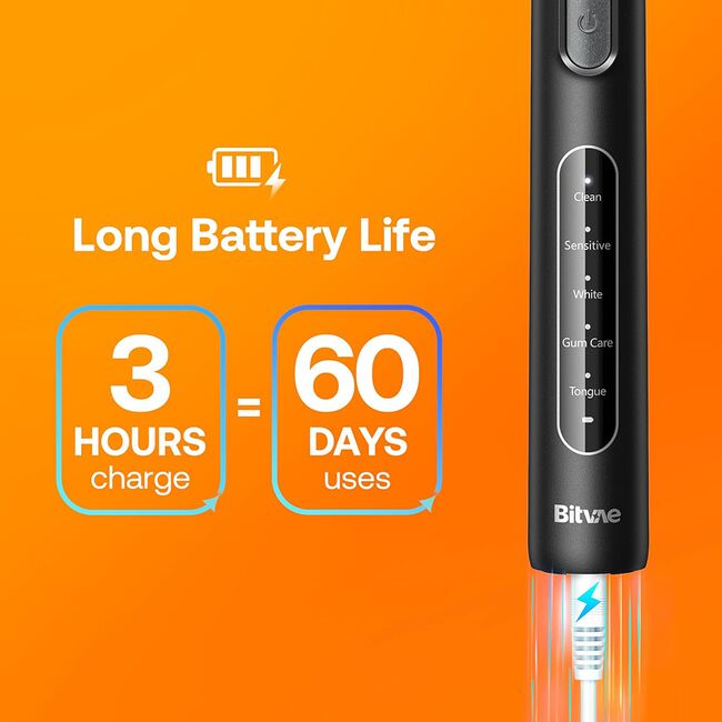 Periuta de dinti electrica rotativa Bitvae R-Sonic, 8 Capete de schimb, Smart Timer, 5 moduri, 40,000 pulsatii / min – Curatare profesionala, autonomie extinsa, IPX7, baterie reincarcabila USB, igiena orala completa - negru