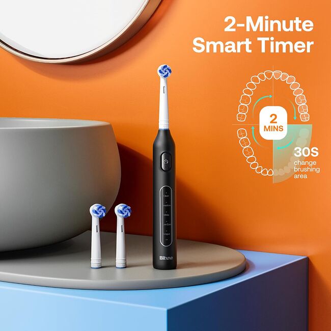 Periuta de dinti electrica rotativa Bitvae R-Sonic, 8 Capete de schimb, Smart Timer, 5 moduri, 40,000 pulsatii / min – Curatare profesionala, autonomie extinsa, IPX7, baterie reincarcabila USB, igiena orala completa - negru
