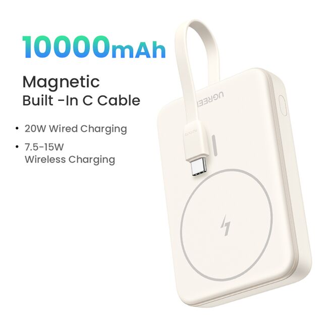 Baterie Externa fara Fir, Type-C, 10000mAh, MagSafe, Fast Charging, 20W, 5V/3A - Ugreen PB760 (35341B) - Bej