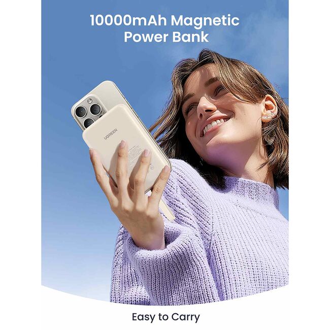 Baterie Externa fara Fir, Type-C, 10000mAh, MagSafe, Fast Charging, 20W, 5V/3A - Ugreen PB760 (35341B) - Bej