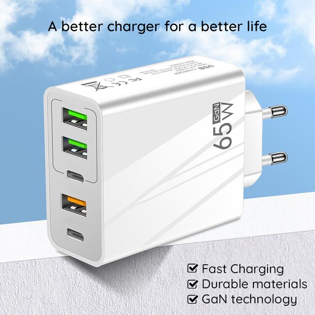 Incarcator de priza Smart 5 în 1 GaN Universal Super Charger – 65W, Compact, 2 x Type-C PD + 3 x USB, Fast Charging, compatibil Samsung, iPhone, Xiaomi, Motorola, Oppo, Honor - alb