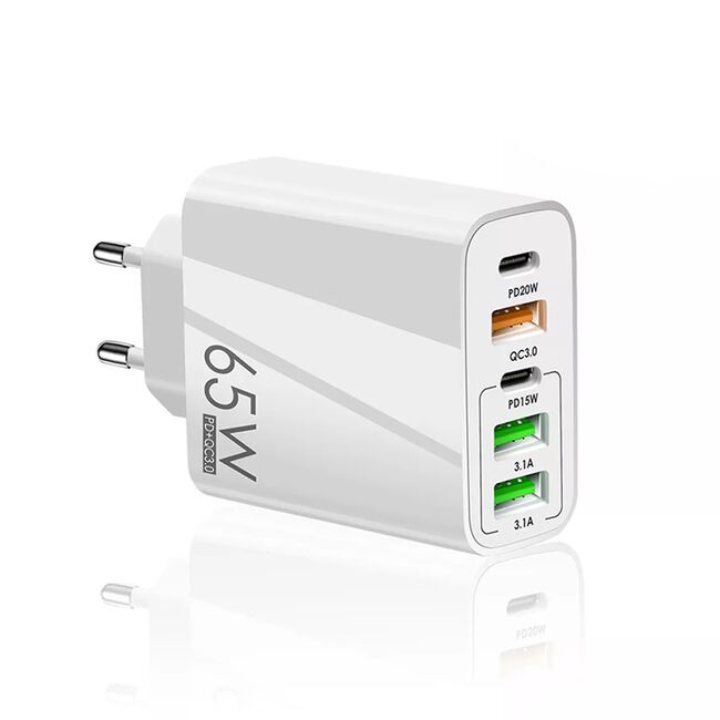 Incarcator de priza Smart 5 în 1 GaN Universal Super Charger – 65W, Compact, 2 x Type-C PD + 3 x USB, Fast Charging, compatibil Samsung, iPhone, Xiaomi, Motorola, Oppo, Honor - alb