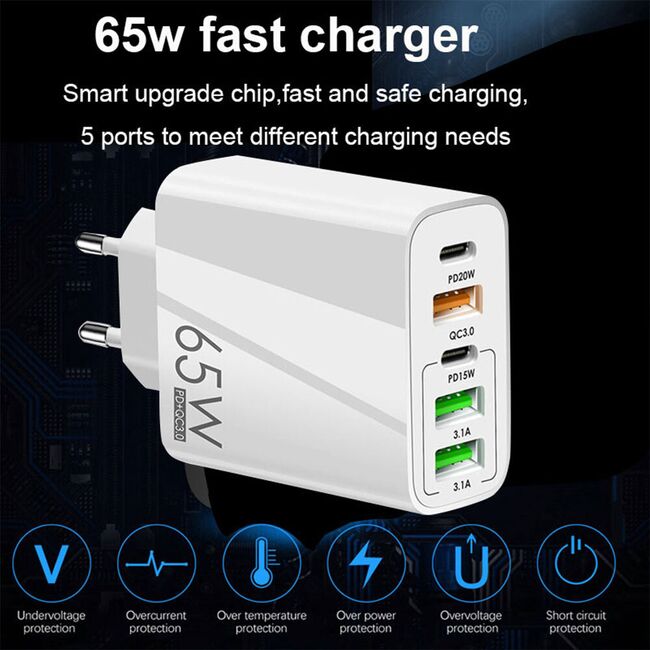 Incarcator de priza Smart 5 în 1 GaN Universal Super Charger – 65W, Compact, 2 x Type-C PD + 3 x USB, Fast Charging, compatibil Samsung, iPhone, Xiaomi, Motorola, Oppo, Honor - alb