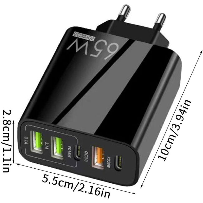 Incarcator de priza Smart 5 în 1 GaN Universal Super Charger – 65W, Compact, 2 x Type-C PD + 3 x USB, Fast Charging, compatibil Samsung, iPhone, Xiaomi, Motorola, Oppo, Honor - negru