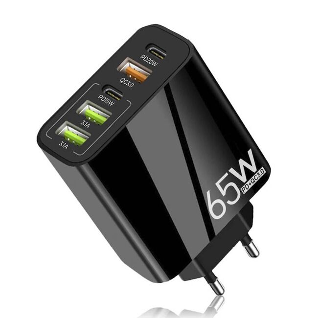 Incarcator de priza Smart 5 în 1 GaN Universal Super Charger – 65W, Compact, 2 x Type-C PD + 3 x USB, Fast Charging, compatibil Samsung, iPhone, Xiaomi, Motorola, Oppo, Honor - negru