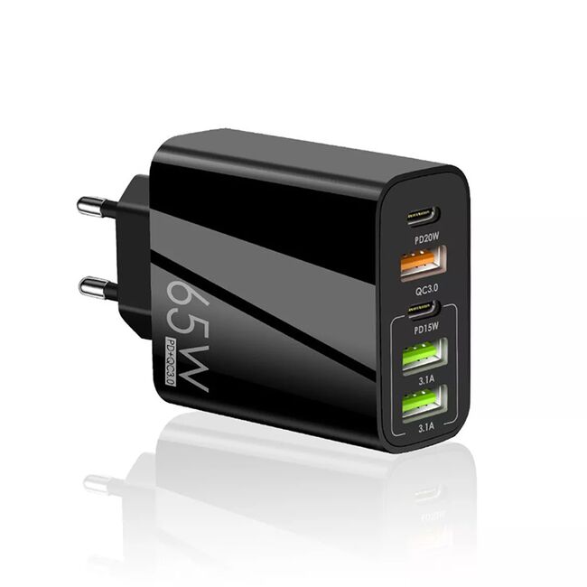 Incarcator de priza Smart 5 în 1 GaN Universal Super Charger – 65W, Compact, 2 x Type-C PD + 3 x USB, Fast Charging, compatibil Samsung, iPhone, Xiaomi, Motorola, Oppo, Honor - negru