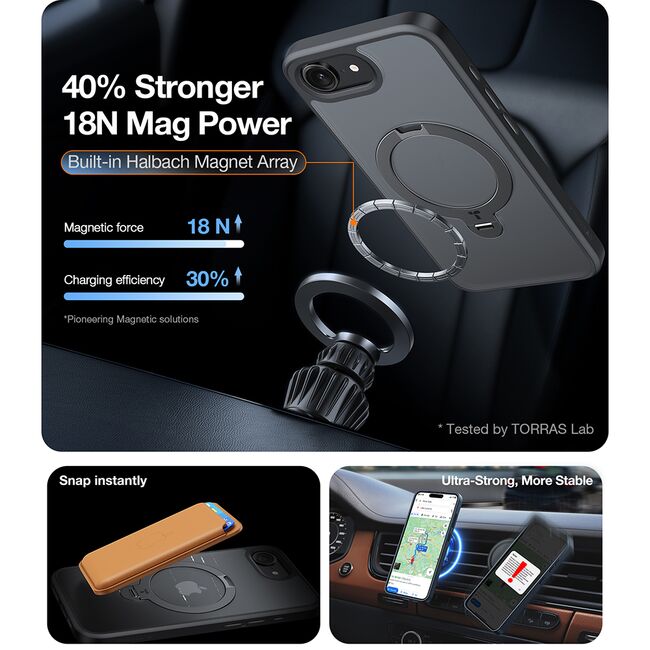 Husa pentru iPhone 16e - Torras Ostand Spin MagSafe Series - Black