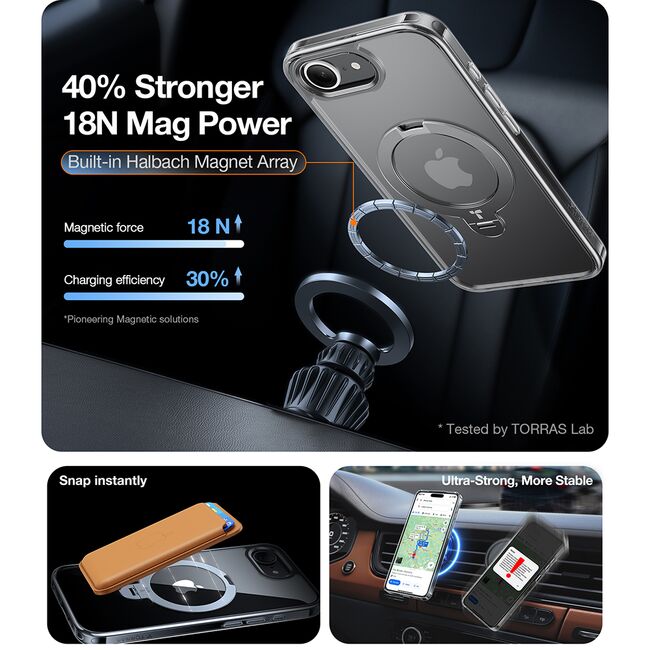 Husa pentru iPhone 16e - Torras Ostand Spin MagSafe Series - Clear