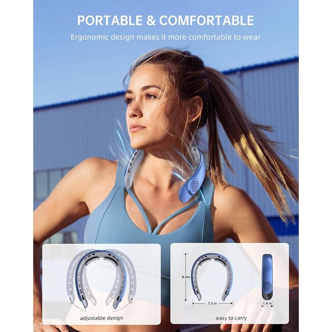 Ventilator Portabil pentru Gat cu Display LED CoolZip, 3 Viteze, 7300 RPM, 4000 mAh – Racire 360°, Design Silentios, reincarcabil USB-C - Albastru