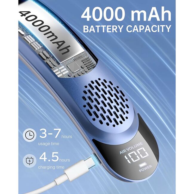 Ventilator Portabil pentru Gat cu Display LED CoolZip, 3 Viteze, 7300 RPM, 4000 mAh – Racire 360°, Design Silentios, reincarcabil USB-C - Albastru