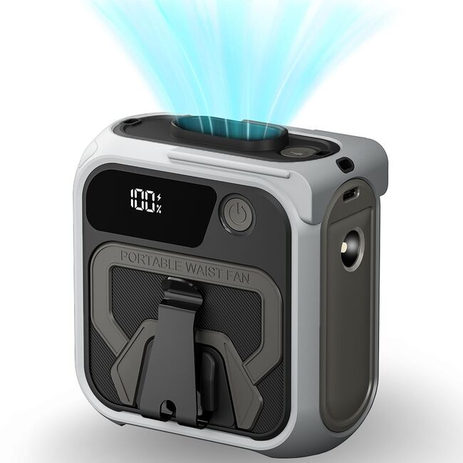 Ventilator Portabil 3 in 1 cu Power Bank WindGo, Lanterna LED, 5 Trepte de Viteză, 10000 mAh, Prindere Curea multifunctionala, acumulator reincarcabil USB-C, Afișaj LCD – Gri