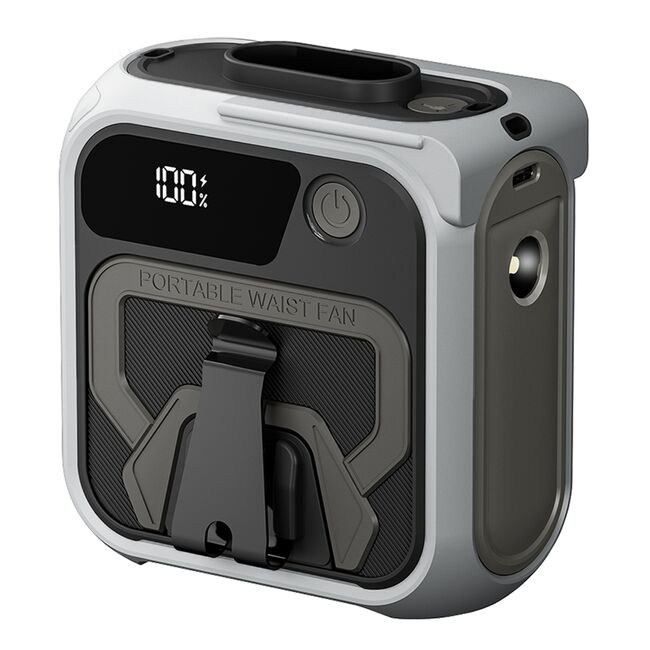 Ventilator Portabil 3 in 1 cu Power Bank WindGo, Lanterna LED, 5 Trepte de Viteză, 10000 mAh, Prindere Curea multifunctionala, acumulator reincarcabil USB-C, Afișaj LCD – Gri