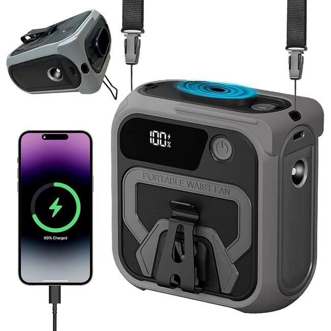 Ventilator Portabil 3 in 1 cu Power Bank WindGo, Lanterna LED, 5 Trepte de Viteză, 10000 mAh, Prindere Curea multifunctionala, acumulator reincarcabil USB-C, Afișaj LCD – Gri