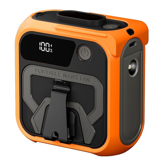 Ventilator Portabil 3 in 1 cu Power Bank WindGo, Lanterna LED, 5 Trepte de Viteză, 10000 mAh, Prindere Curea multifunctionala, acumulator reincarcabil USB-C, Afișaj LCD – Portocaliu