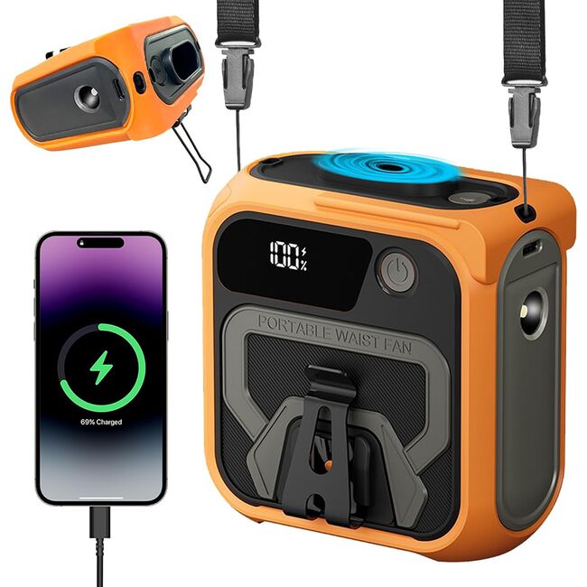 Ventilator Portabil 3 in 1 cu Power Bank WindGo, Lanterna LED, 5 Trepte de Viteză, 10000 mAh, Prindere Curea multifunctionala, acumulator reincarcabil USB-C, Afișaj LCD – Portocaliu