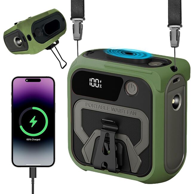 Ventilator Portabil 3 in 1 cu Power Bank WindGo, Lanterna LED, 5 Trepte de Viteză, 10000 mAh, Prindere Curea multifunctionala, acumulator reincarcabil USB-C, Afișaj LCD – Verde