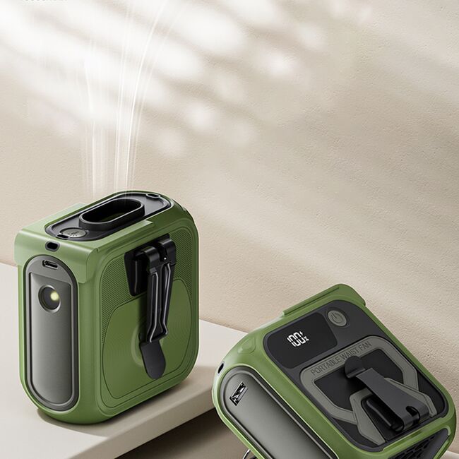 Ventilator Portabil 3 in 1 cu Power Bank WindGo, Lanterna LED, 5 Trepte de Viteză, 10000 mAh, Prindere Curea multifunctionala, acumulator reincarcabil USB-C, Afișaj LCD – Verde