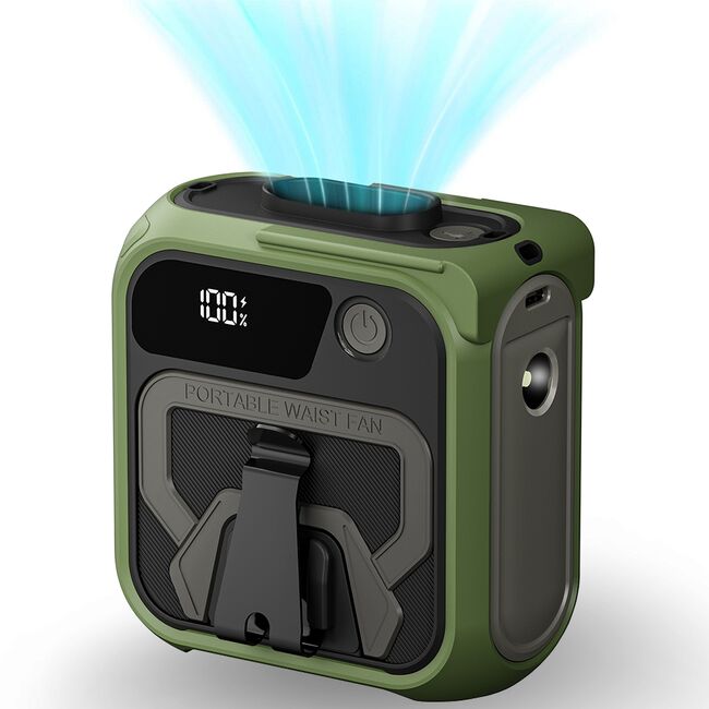 Ventilator Portabil 3 in 1 cu Power Bank WindGo, Lanterna LED, 5 Trepte de Viteză, 10000 mAh, Prindere Curea multifunctionala, acumulator reincarcabil USB-C, Afișaj LCD – Verde