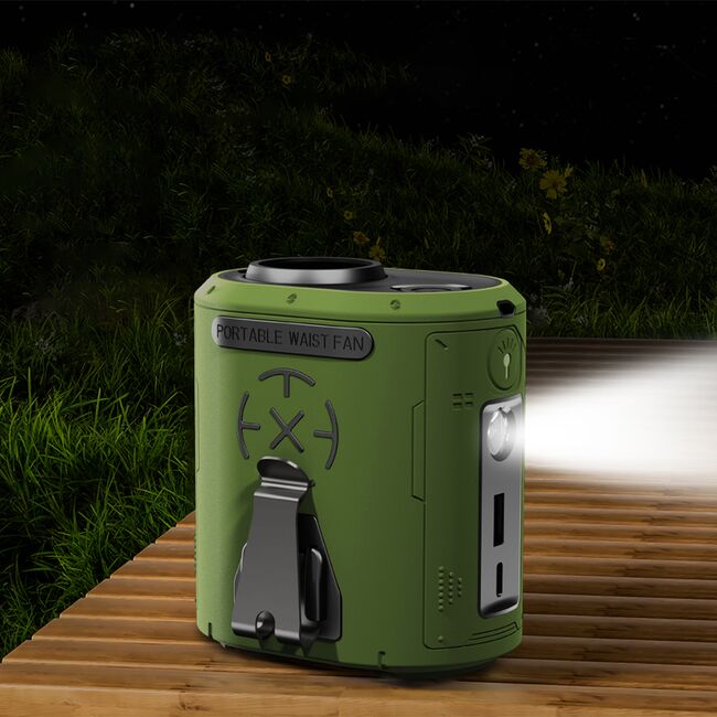 Ventilator Portabil Premium Air Cooler BreezyOne 3 in 1 cu acumulator extern 5000 mAh, 5 Viteze, lanterna LED și Prindere Multifunctionala pentru curea, timp de functionare 30 ore, reincarcabil USB - gri