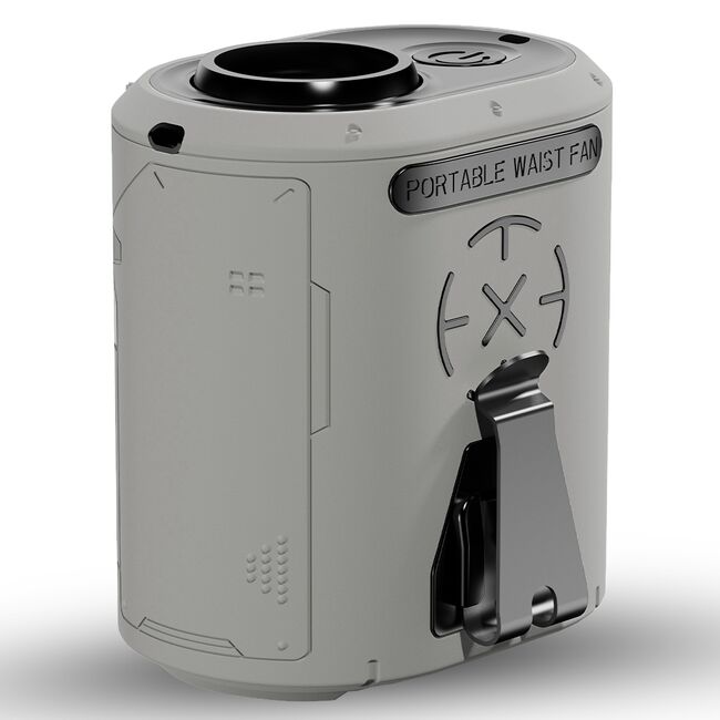Ventilator Portabil Premium Air Cooler BreezyOne 3 in 1 cu acumulator extern 5000 mAh, 5 Viteze, lanterna LED și Prindere Multifunctionala pentru curea, timp de functionare 30 ore, reincarcabil USB - gri