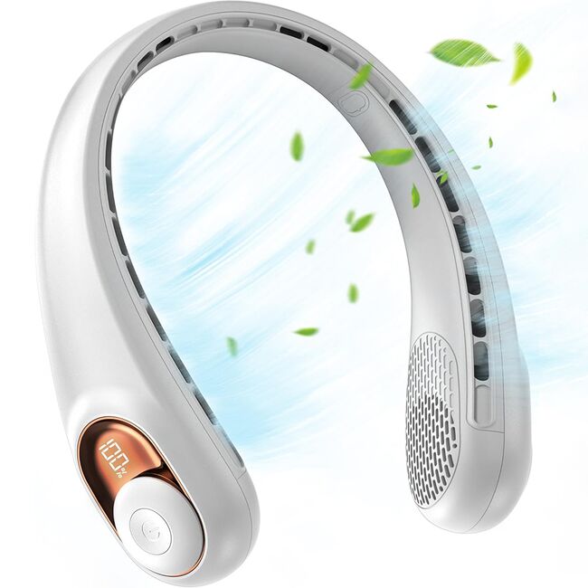 Ventilator Portabil pentru Gat BreezeGo cu Display Digital, 3 Trepte Viteza, 5200 mAh, 5800 RPM – Racire 360°, Autonomie 12h, reincarcabil USB-C - Alb