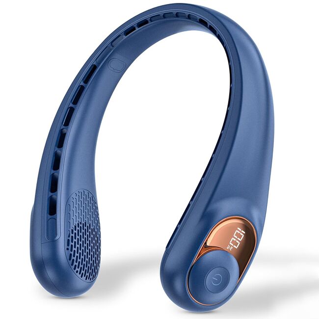 Ventilator Portabil pentru Gat BreezeGo cu Display Digital, 3 Trepte Viteza, 5200 mAh, 5800 RPM – Racire 360°, Autonomie 12h, reincarcabil USB-C, Albastru