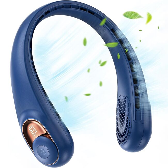 Ventilator Portabil pentru Gat BreezeGo cu Display Digital, 3 Trepte Viteza, 5200 mAh, 5800 RPM – Racire 360°, Autonomie 12h, reincarcabil USB-C, Albastru