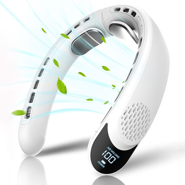 Ventilator Portabil pentru Gat cu Display LED CoolZip, 3 Viteze, 7300 RPM, 4000 mAh – Racire 360°, Design Silentios, reincarcabil USB-C - Alb