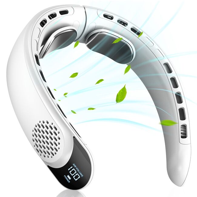 Ventilator Portabil pentru Gat cu Display LED CoolZip, 3 Viteze, 7300 RPM, 4000 mAh – Racire 360°, Design Silentios, reincarcabil USB-C - Alb