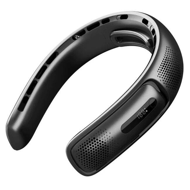 Ventilator Portabil pentru gat cu Suport Siliconic, 3 Viteze, 4 Fluxuri de Aer, Display LED, 4000 mAh, reincarcabil USB-C - Negru