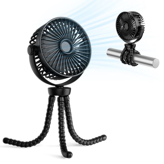 Ventilator Premium cu prindere multifunctionala prin tripod – 360° Reglabil, Silențios , cu 4 Viteze și acumulator reincarcabil 4000mAh - Racorire rapida - negru