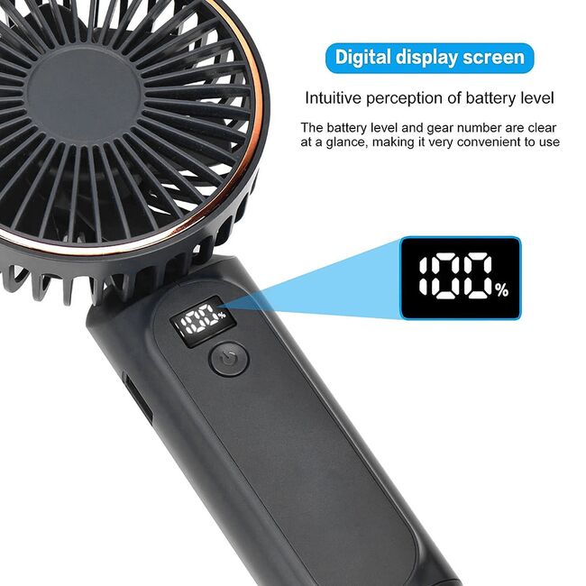 Ventilator portabil de Buzunar cu LED Digital, 6 Trepte de Răcorire și Baterie de Lungă Durată 5000 mAh, reincarcabil – Confort Maxim la Fiecare Pas - Negru