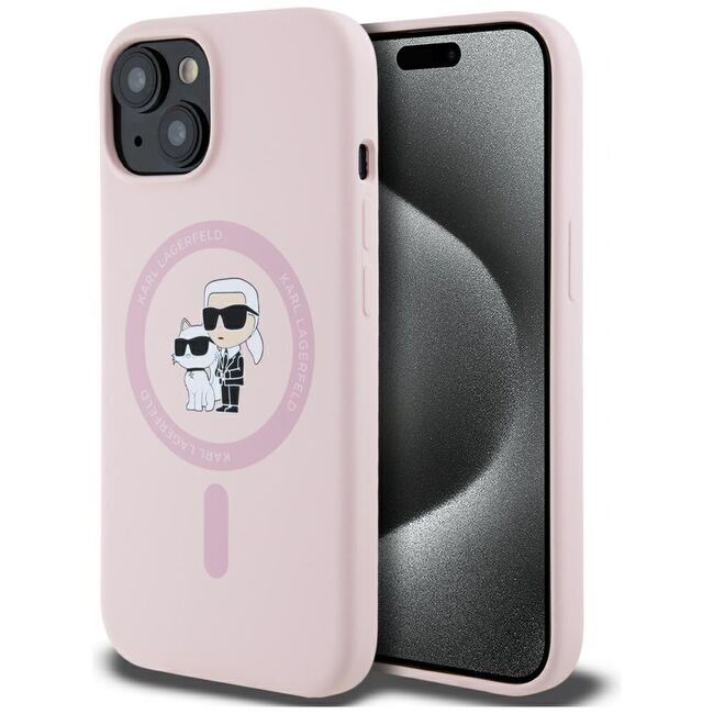 Husa Karl Lagerfeld pentru iPhone 15 Silicone MagSafe, Karl&Choupette, roz