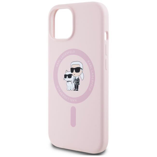 Husa Karl Lagerfeld pentru iPhone 15 Silicone MagSafe, Karl&Choupette, roz