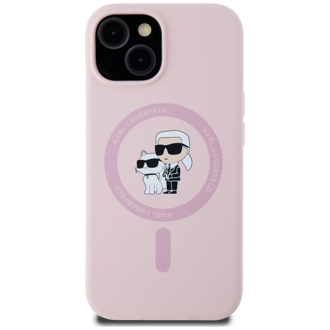 Husa Karl Lagerfeld pentru iPhone 15 Silicone MagSafe, Karl&Choupette, roz