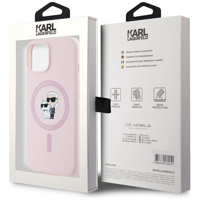 Husa Karl Lagerfeld pentru iPhone 15 Silicone MagSafe, Karl&Choupette, roz