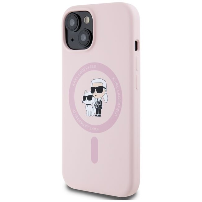 Husa Karl Lagerfeld pentru iPhone 15 Silicone MagSafe, Karl&Choupette, roz