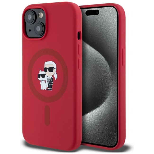 Husa Karl Lagerfeld pentru iPhone 15 Silicone MagSafe, Karl&Choupette, rosu