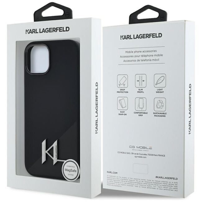 Husa Karl Lagerfeld pentru iPhone 15 Silicone MagSafe, Shadow Metal Initial, negru