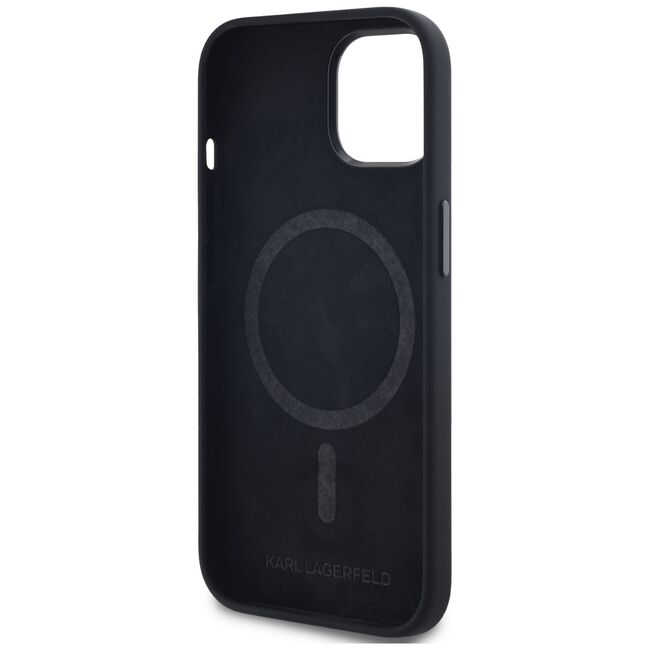 Husa Karl Lagerfeld pentru iPhone 15 Silicone MagSafe, Shadow Metal Initial, negru