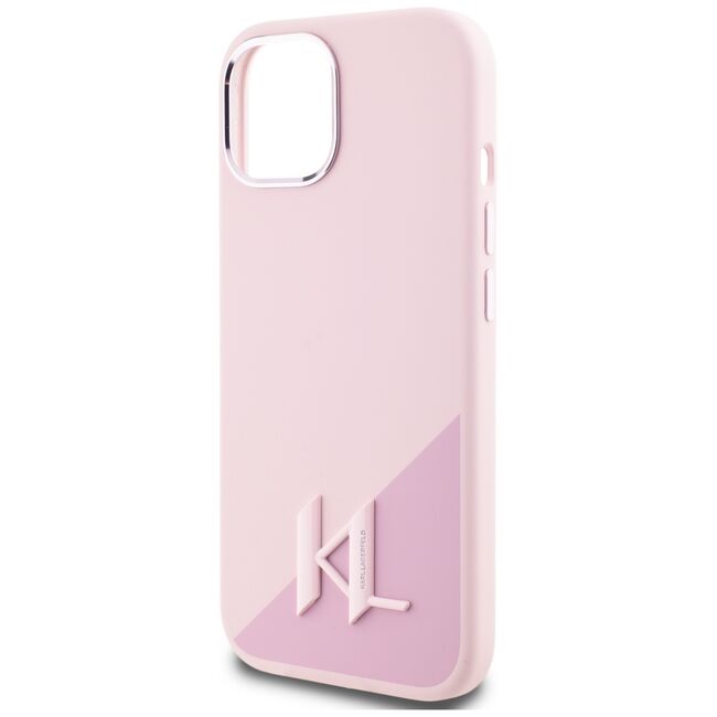 Husa Karl Lagerfeld pentru iPhone 15 Silicone MagSafe, Shadow Metal Initial, roz